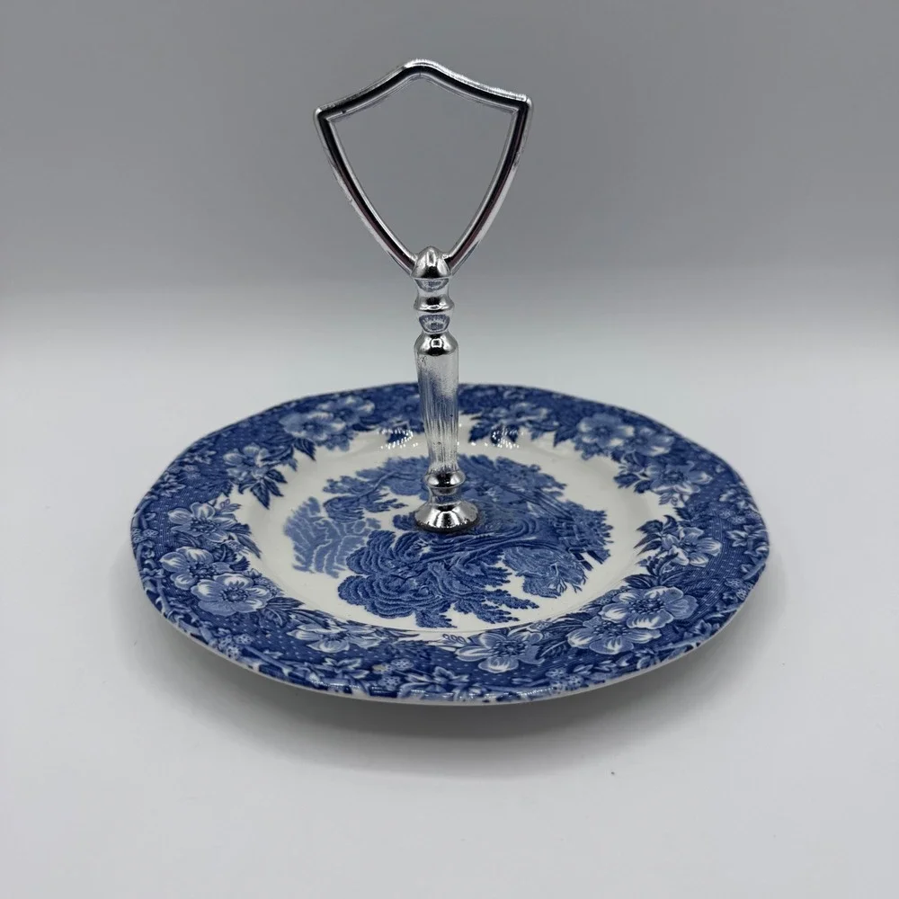 Enoch Wedgwood Woodland Blue White Transferware Tidbit Tray Serving Stand 6.75in